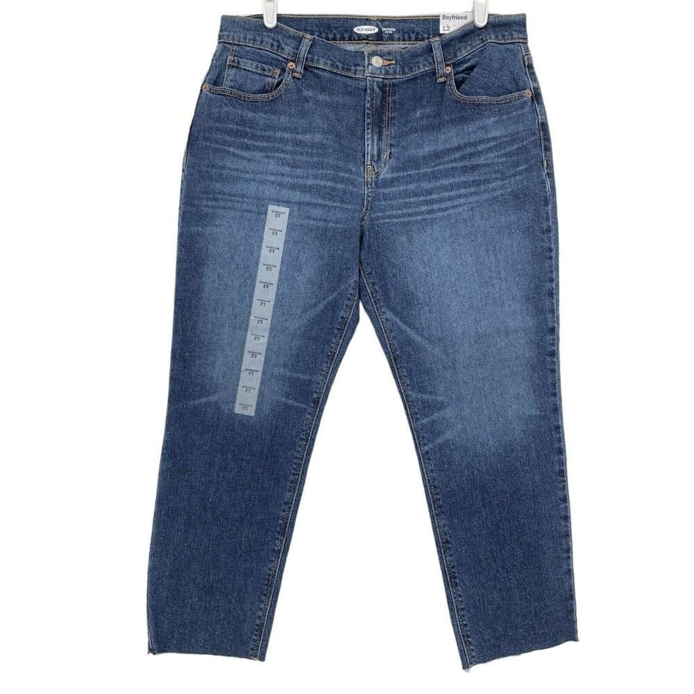 Old Navy Women's Denim Jeans Size 12 Boyfriend Mid Rise Raw Hem Stretch NWT